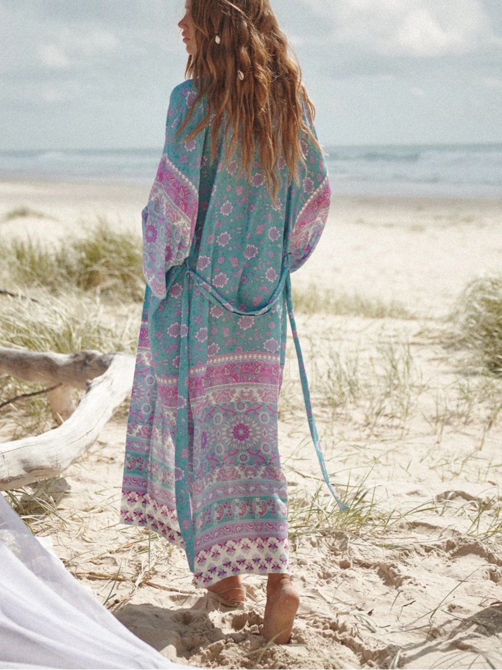 Spell Asymmetrical Maxi Robe in Aqua and Lavender Paisley - Picture 4 of 7